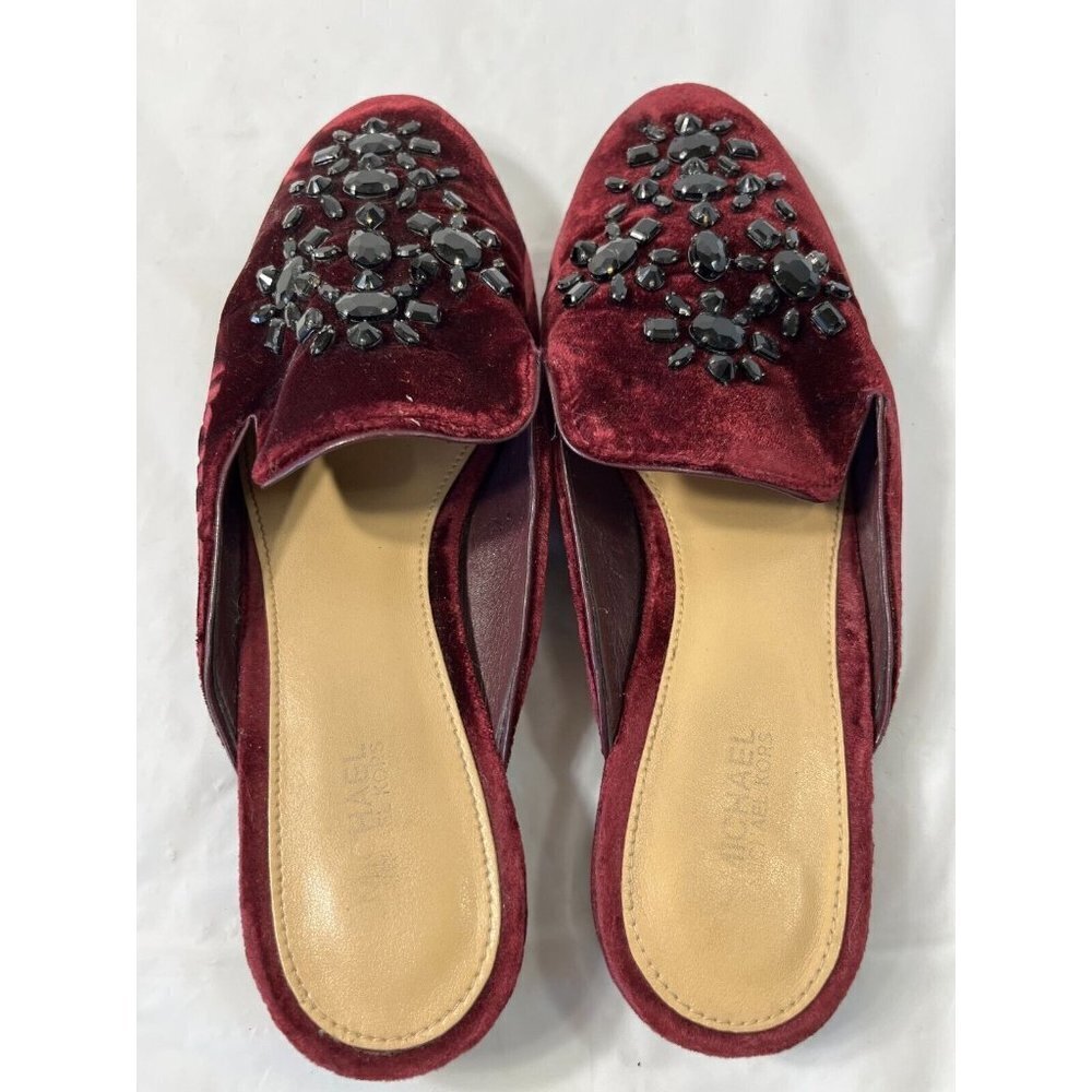 Michael Kors Womens 7.5 Shoes Edie Embellished Velvet Slide Slip-Ons Burgundy - Picture 12 of 14